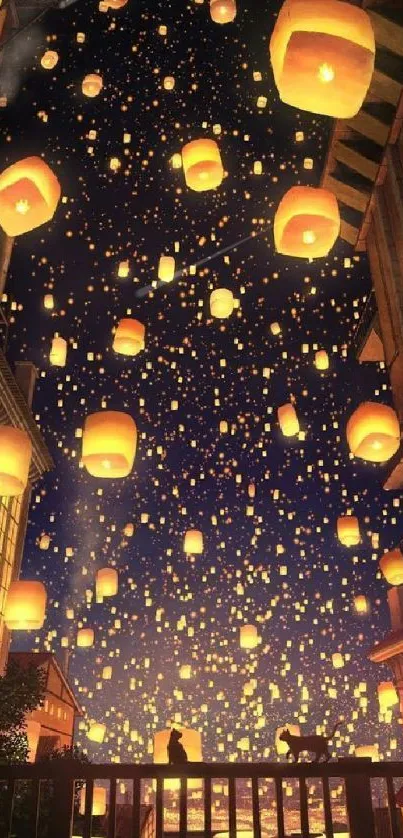 Night sky filled with glowing lanterns over a city, creating a magical view.