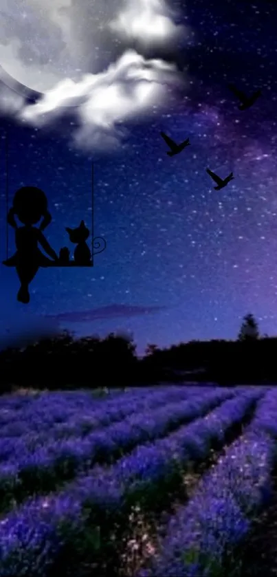 Girl and cat on swing under moonlit sky and lavender field.