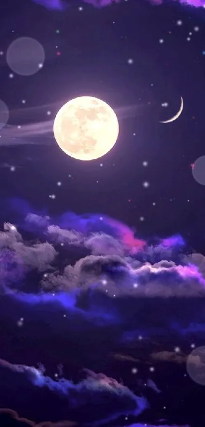 Moonlit cloudy sky with vibrant purple clouds and crescent moon.