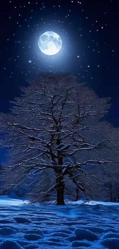 Moonlit tree under a starry night sky, creating a serene winter scene.