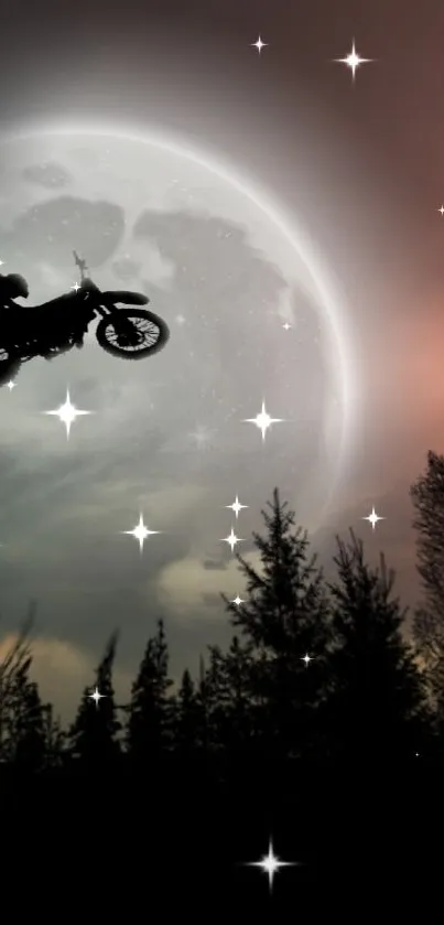 Motorcycle silhouette soaring under a glowing moon.