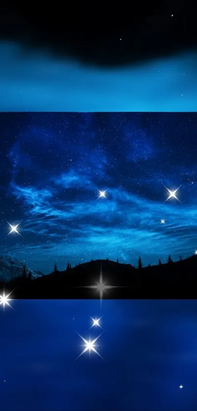 Starry night sky wallpaper with mountain silhouette and glowing stars.