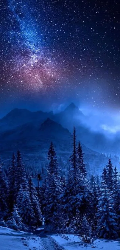 Starry night sky over snowy mountains and trees. Serene and cosmic wallpaper.