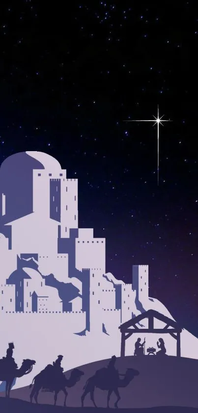 Nativity scene with a starry night sky and distant city silhouette.