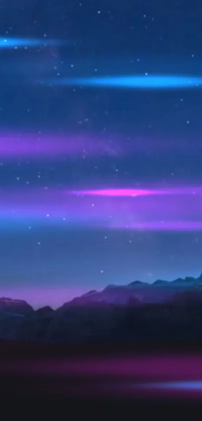 Neon night sky wallpaper with purple and blue hues over mountains.