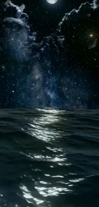 Mobile wallpaper of a moonlit ocean under a starry night sky.