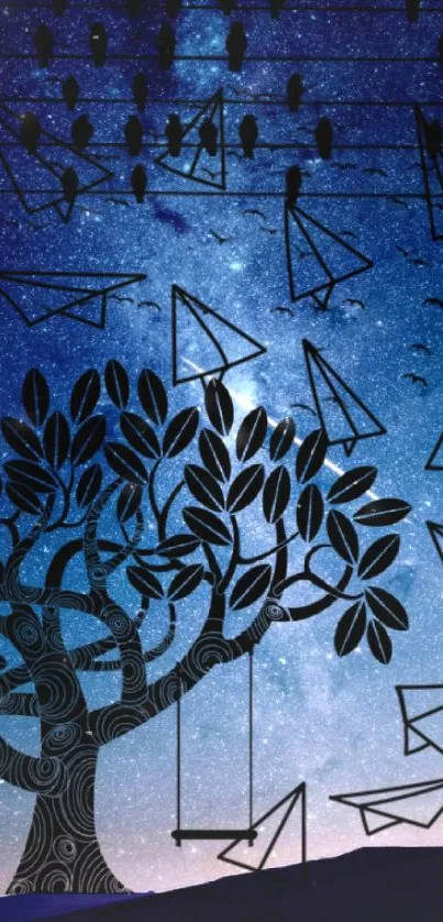 Whimsical tree and paper birds against a starry night sky wallpaper in dark blue.