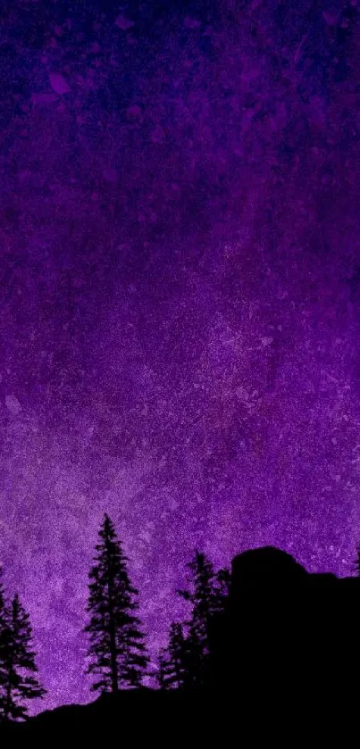 Purple night sky with silhouetted pines and textured background.