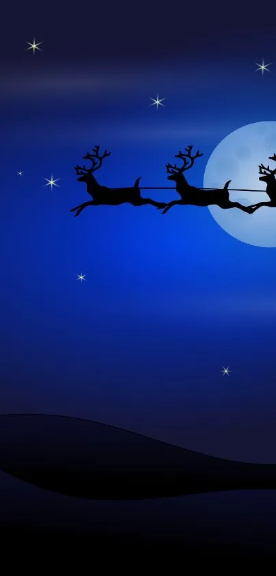 Flying reindeer silhouette against a blue night sky with stars and a full moon.