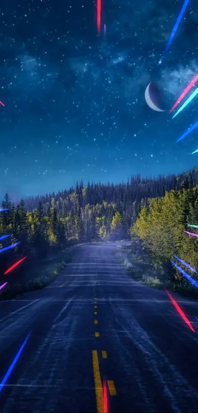 Scenic night road with starry sky and vibrant light streaks for mobile wallpaper.