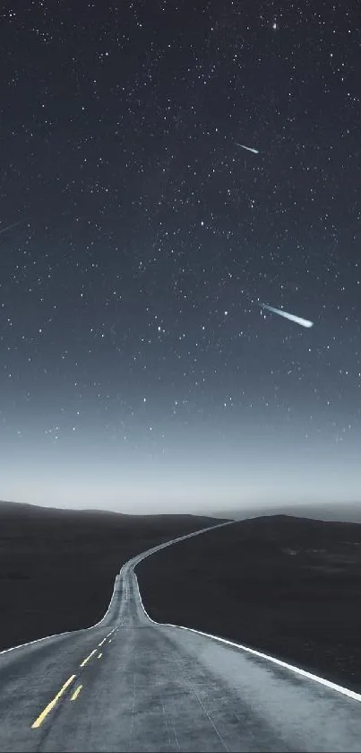 Road leading into a starry night sky on a serene, dark night backdrop.