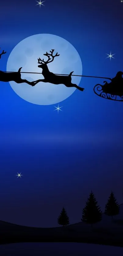 Santa's sleigh across moonlit night sky with reindeer silhouettes.