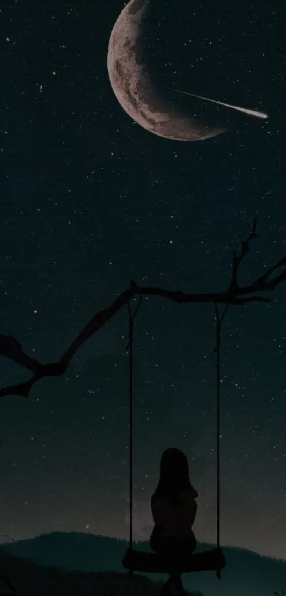 Silhouette on swing against night sky with stars and a crescent moon.