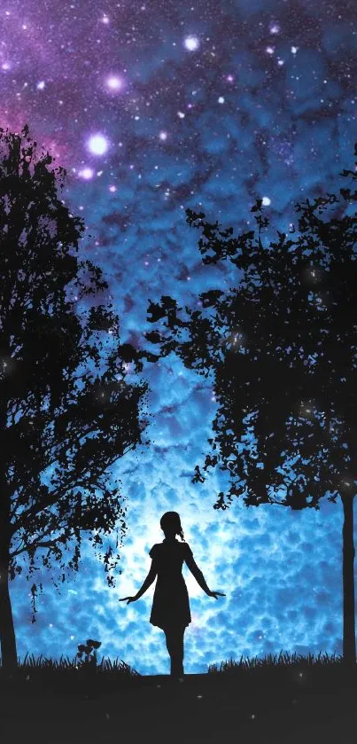 Silhouette of a girl under a starry night sky between trees.