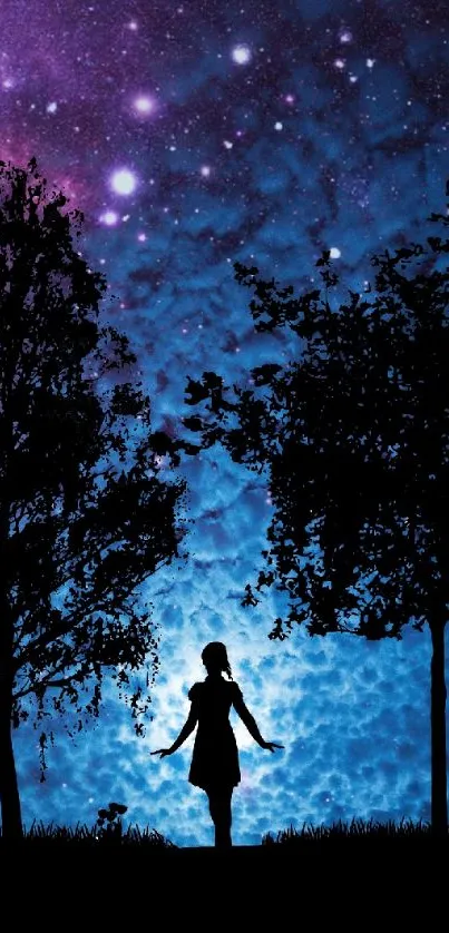 Silhouette of girl between trees under starry night sky.