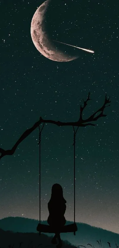 Silhouette swing under crescent moon and stars in night sky.