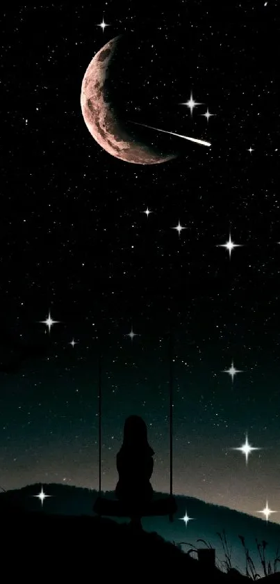 Silhouette on swing under crescent moon.