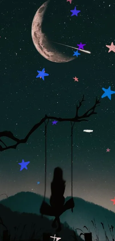 Silhouette on swing with moon and stars in night sky wallpaper.