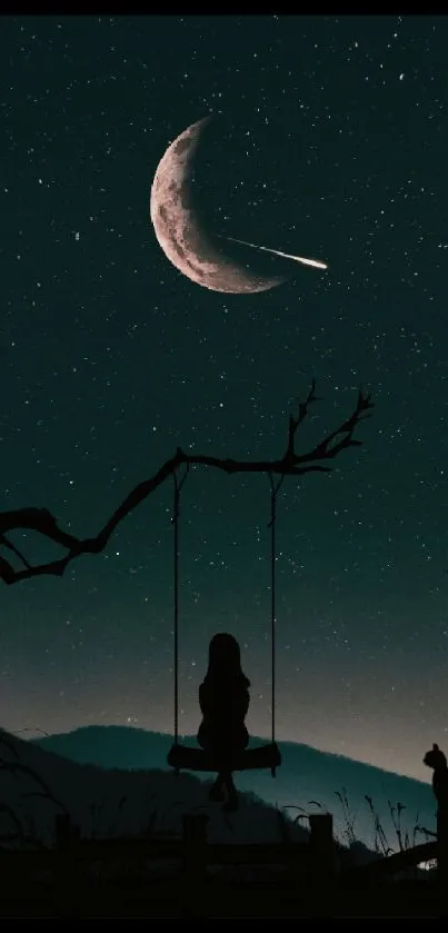 Silhouette on swing under a crescent moon in a starry night sky.