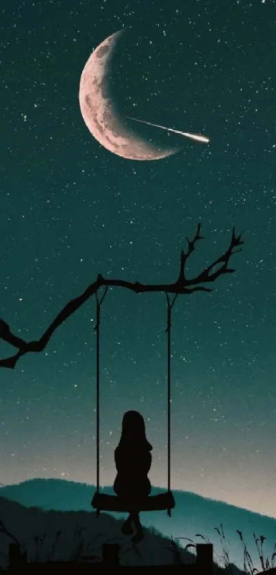 Silhouette on swing under crescent moon in starry night sky.