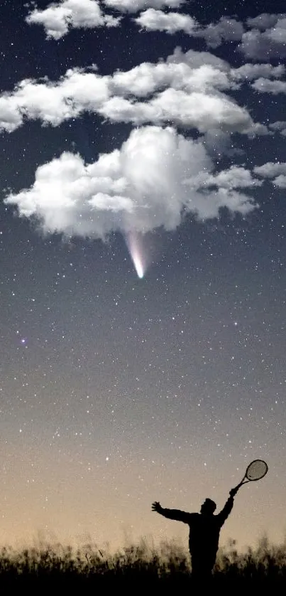 Silhouette playing tennis under a starry sky with clouds and comet.