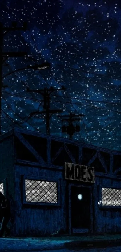 Nighttime scene with stars and a shadowy building under a deep blue sky.