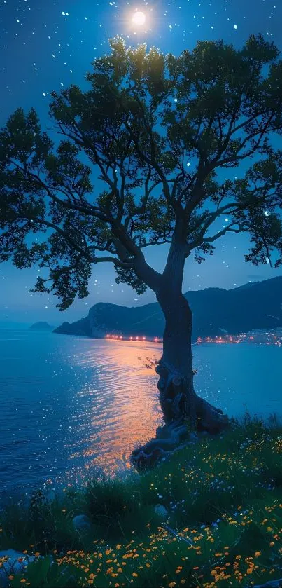 Silhouette of a tree under a moonlit, starry night sky by the coast.