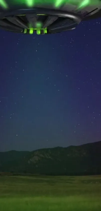 UFO hovering over a starry night sky with dark blue backdrop.