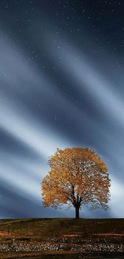 Serene night sky with a lone tree under stars, perfect for phone wallpaper.