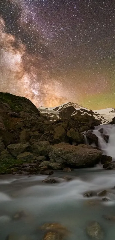 Waterfall beneath a starry night sky with mountains and flowing water.