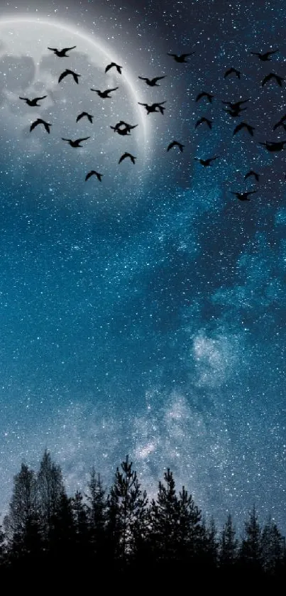 Moonlit night sky with birds and stars, perfect mobile wallpaper.