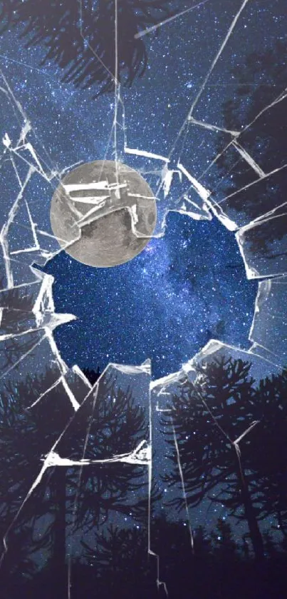 Shattered glass window with moonlit night sky and stars in the background.