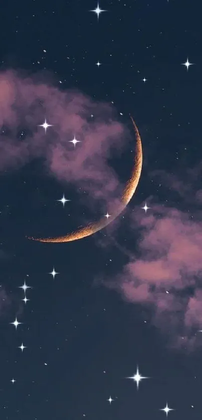 Crescent moon in a starry night sky with gentle pink clouds.