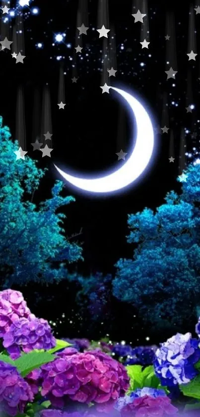 Crescent moon over trees with starry night.