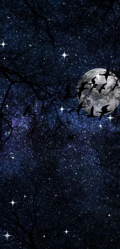 Starry night sky with full moon and silhouetted trees mobile wallpaper.