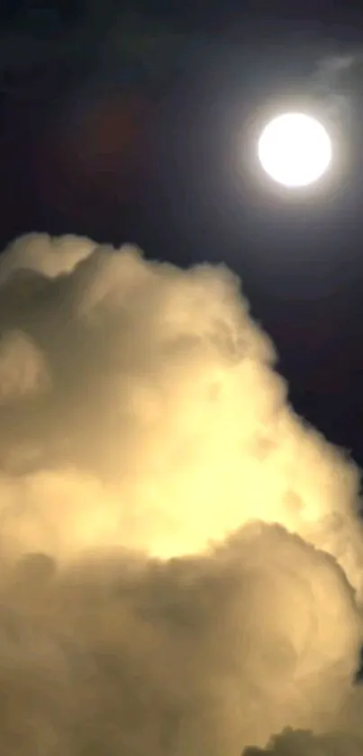 Full moon illuminating clouds in the night sky, creating a serene and beautiful scene.