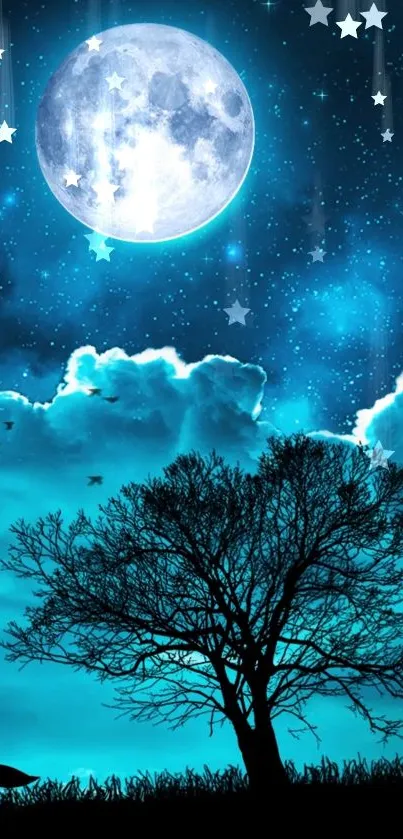 Serene night sky with full moon and silhouetted tree wallpaper.