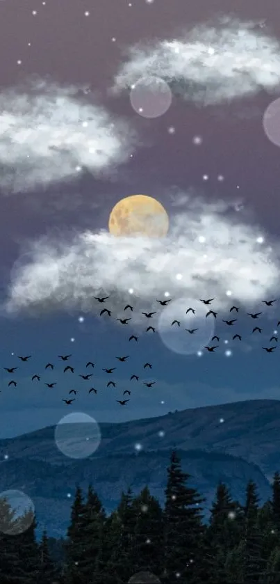 Night sky wallpaper with moon, clouds, and birds in a serene landscape.