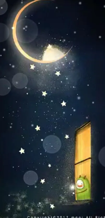 Mobile wallpaper with night sky, crescent moon, and cozy window scene.