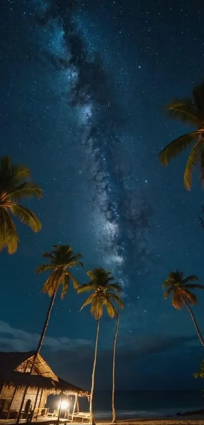 Tropical beach with Milky Way and palm trees under a starry night sky.