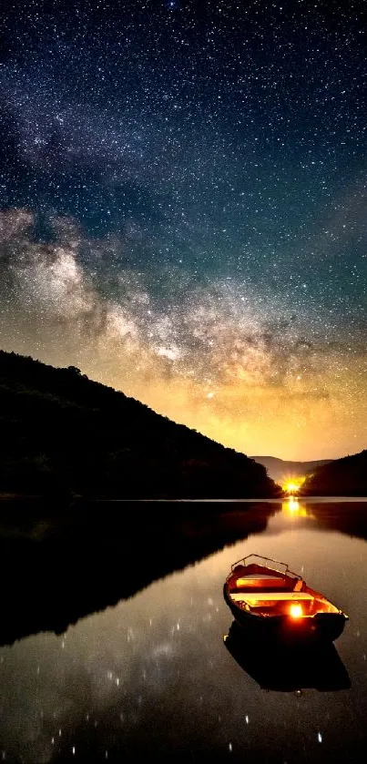 Starry night sky with a tranquil lake reflecting a solitary boat.