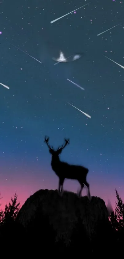 Deer silhouette under a night sky with shooting stars.