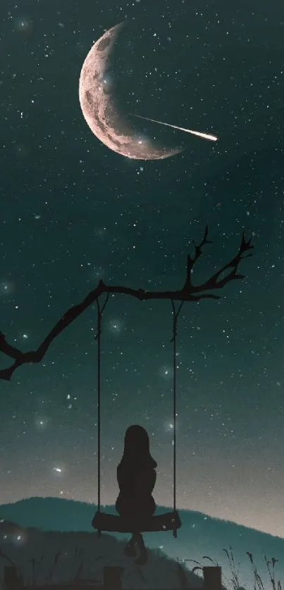 Silhouette on swing under crescent moon and stars with dark teal sky background.