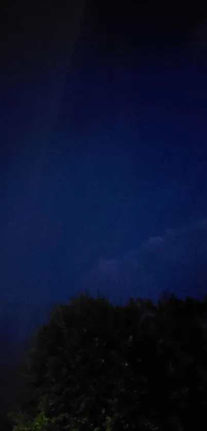 Dark blue night sky with tree silhouette and clouds.