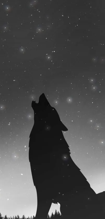 Silhouette of a wolf against a starry black and white sky.