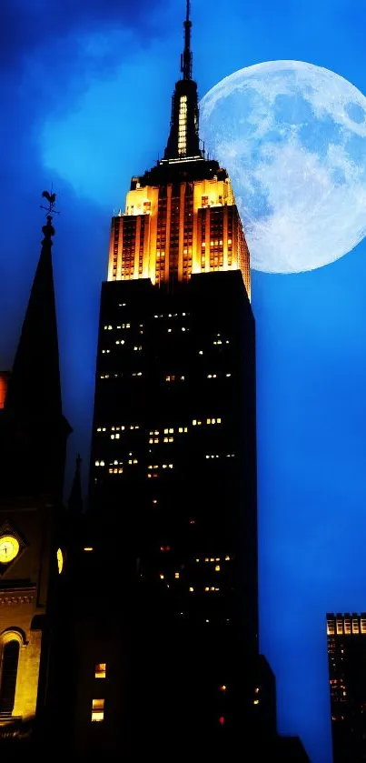 Night skyline with bright full moon behind skyscrapers.