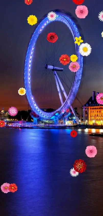 Ferris wheel illuminated at night against a city skyline.