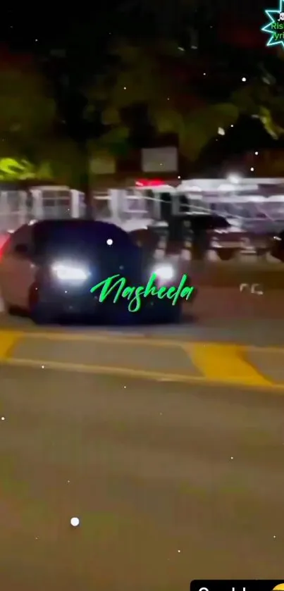 Car drifting on a vibrant night street with dark background.