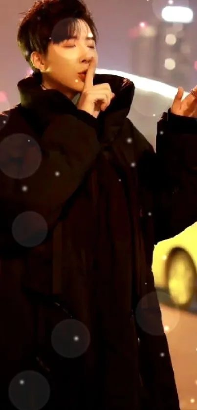 Person posing on a city street at night in black coat.