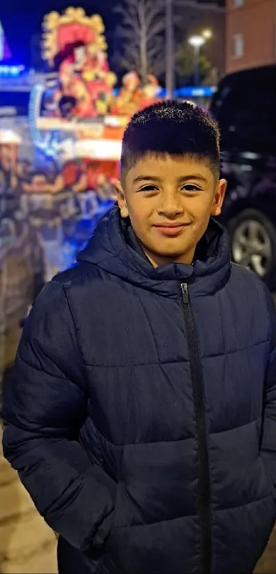 Young boy in navy jacket with a vibrant street background at night.